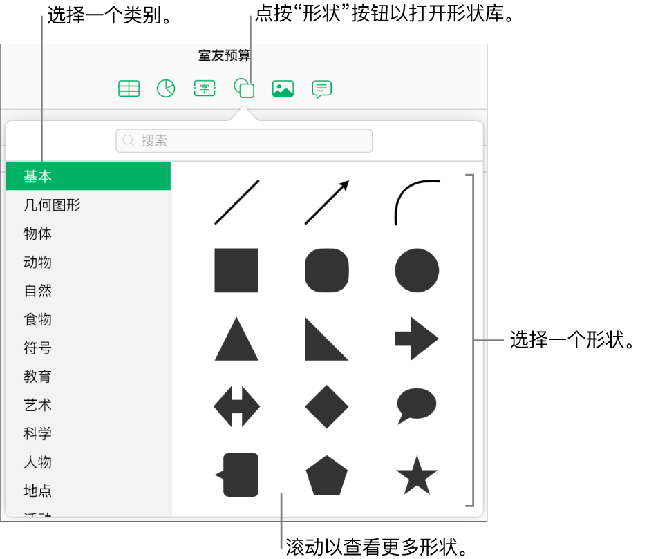 将在工具栏“形状”按钮下方打开形状库。“基本”类别在左侧处于选中状态，而一些常用形状（包括圆圈、正方形和线条）显示在右侧。