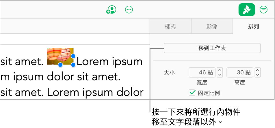 已於文字框中選取一張內嵌影像，且可見到側邊欄中「排列」標籤頁內的「移至工作表」按鈕。