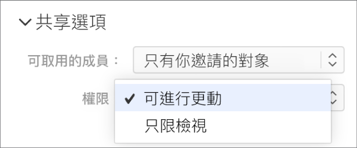 在「共享選項」下方的「權限」彈出式選單已打開,顯示允許人員對試算表進行更動或只能檢視的選項。