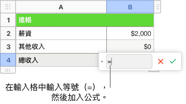 已打開公式編輯器並輸入等號（=），但尚未輸入公式。