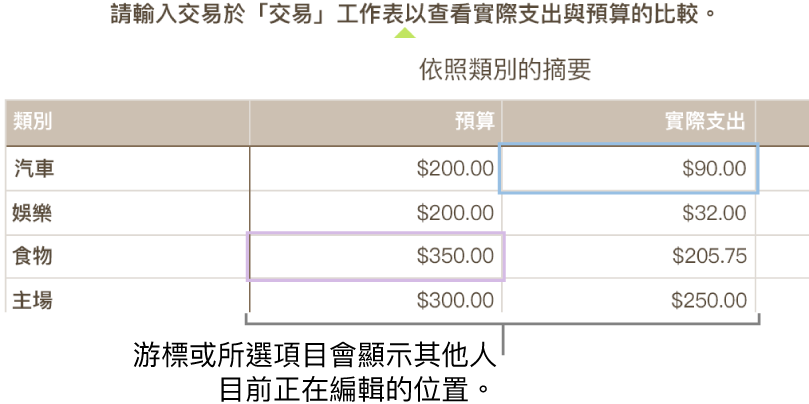 不同顏色的游標和表格輸入格選取項目，顯示其他人在共享試算表中編輯的位置。