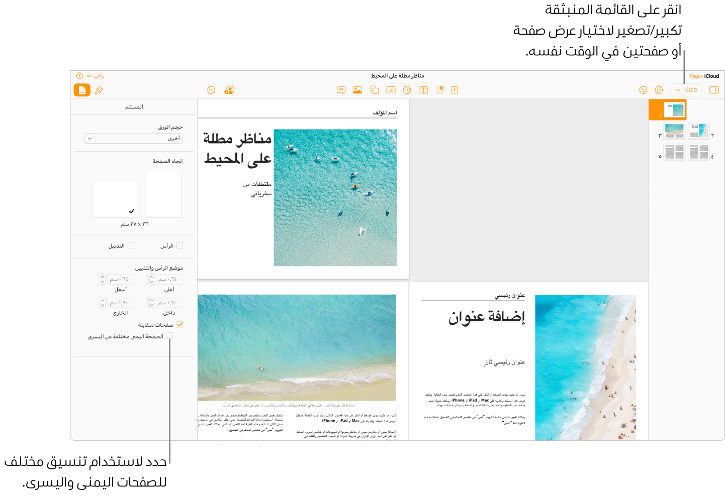 نافذة Pages لـ iCloud مع الصور المصغرة للصفحة وصفحات المستند التي يتم عرضها على شكل صفحتين متقابلتين. في الشريط الجانبي "المستند" على الجانب الأيسر، خانة الاختيار "الصفحة اليمنى مختلفة عن اليسرى" غير محددة.