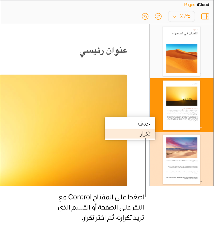 الصور المصغرة للصفحات لمستند معالجة كلمات متعدد الصفحات في الشريط الجانبي الأيمن، مع تمييز الصفحة المحدّدة باللون البرتقالي الداكن وصفحة أخرى في نفس القسم باللون البرتقالي الفاتح. تحتوي القائمة المنبثقة على خيارات "حذف" أو "تكرار" القسم المحدد.