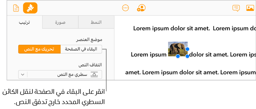 يتم تحديد صورة مضمّنة داخل نص المستند، ويظهر زر "البقاء على الصفحة" في علامة التبويب "ترتيب" في الشريط الجانبي.