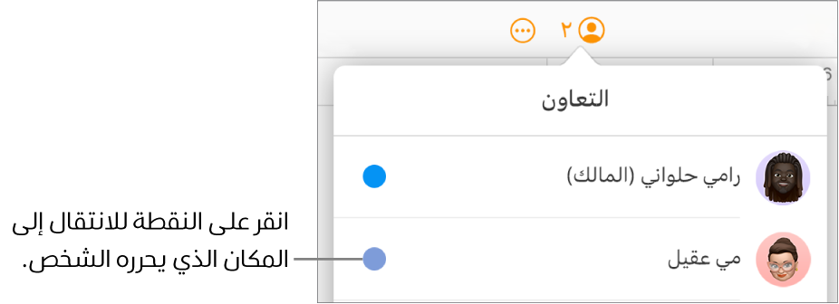 قائمة المشاركين مفتوحة، مع مشاركين ونقطة بلون مختلف على يسار كل اسم.