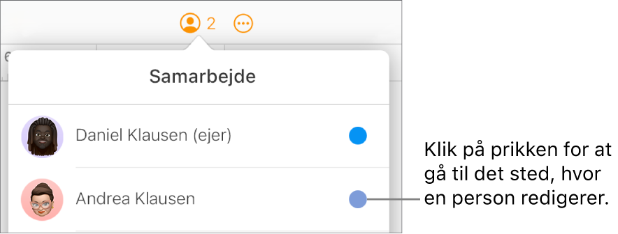 Menuen Samarbejde er åben med to deltagere og en prik i hver sin farve til højre for hvert navn.