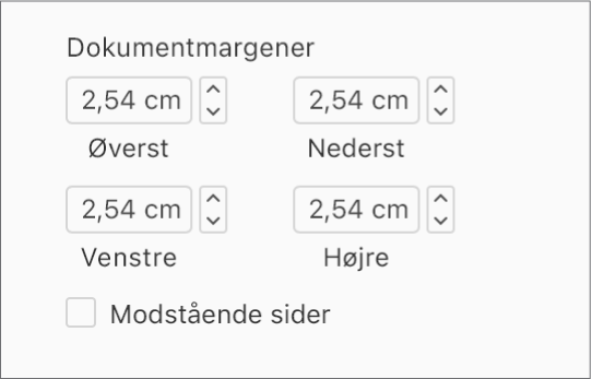 Sektionen Dokumentmargener i indholdsoversigten for dokumenter med funktioner til indstilling af øverste, nederste, venstre og højre margener.