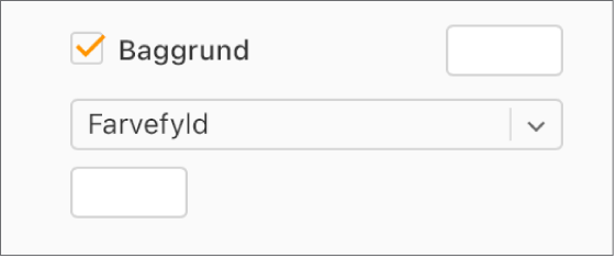 Afkrydsningsfeltet Baggrund er markeret i indholdsoversigten, og den forindstillede farve til højre for afkrydsningsfeltet er udfyldt med hvid. Vælg Farvefyld på lokalmenuen under afkrydsningsfeltet. Under denne udfyldes standardfarven med hvid.