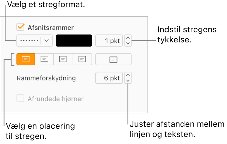 Afkrydsningsfeltet Afsnitsrammer er valgt på fanen Layout i indholdsoversigten Format, og betjeningsmulighederne til ændring af stregformat, farve, tykkelse, position og forskydning i forhold til teksten vises under afkrydsningsfeltet.