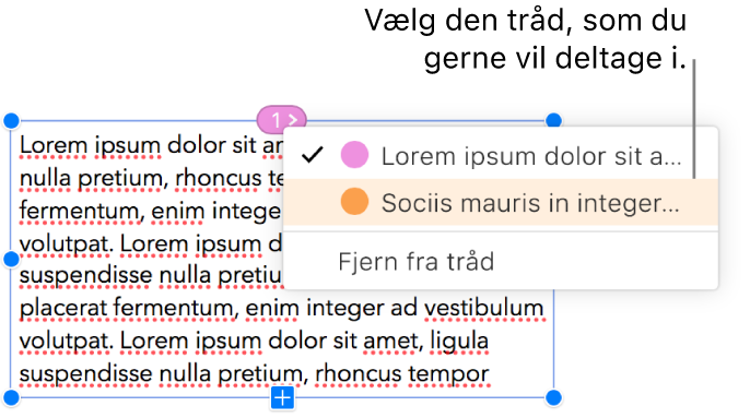 Det første tekstfelt i en tråd vælges, og en lokalmenu ud for cirklen øverst i tekstfeltet er åben. På lokalmenuen er der et hak ud for den tråd, som dette tekstfelt hører sammen med.