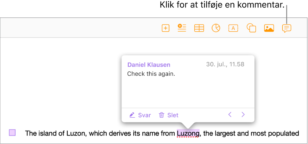 En kommentar er føjet til noget tekst i et dokument. Teksten er fremhævet, og der vises et kvadratisk mærke i venstre margen.