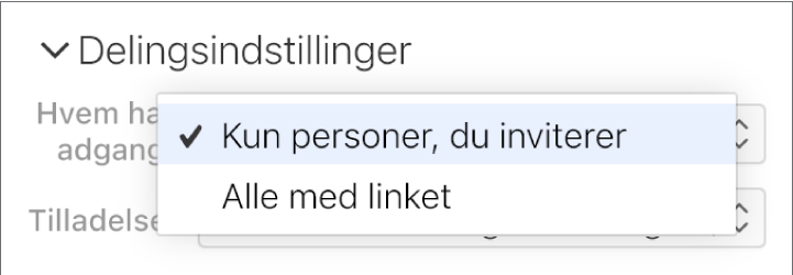 Lokalmenuen “Hvem kan få adgang” under Delingsindstillinger.