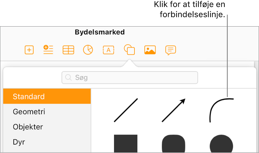 Figurbiblioteket er åbent, Standard er valgt til venstre, og til højre ses et antal streger og figurer, blandt andet en buet streg.