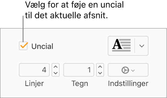 Afkrydsningsfeltet Uncial er valgt, og der vises en lokalmenu til højre for det. Der vises funktioner til indstilling af linjehøjde, antal tegn og andre muligheder under det.