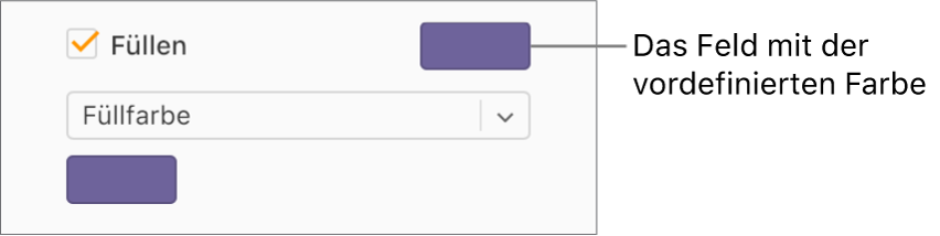 Das Markierungsfeld „Füllen“ ist aktiviert und das Feld mit der vordefinierten Farbe rechts neben dem Markierungsfeld ist mit violett gefüllt. Unter dem Markierungsfeld ist „Farbe“ im Einblendmenü ausgewählt.