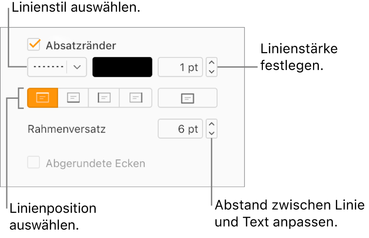 Das Markierungsfeld „Absatzrahmen“ ist im Tab „Layout“ in der Seitenleiste „Format“ aktiviert, und unter dem Markierungsfeld erscheinen Steuerelemente zum Ändern von Linienart,-farbe, -stärke, -position und -versatz.