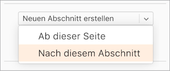 Das Einblendmenü „Neuen Abschnitt erstellen“ ist geöffnet und „Nach diesem Abschnitt“ ausgewählt.