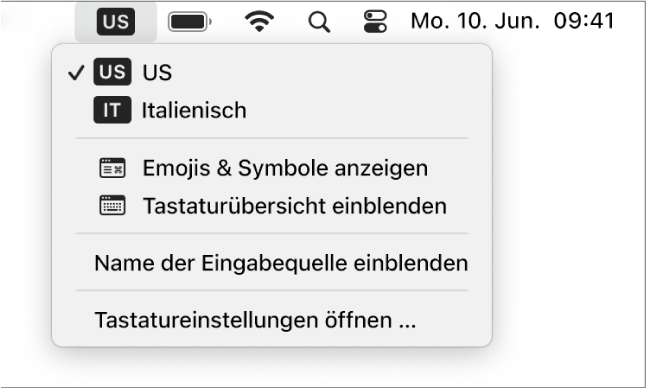 Das Eingabemenü oben rechts in der Menüleiste ist geöffnet und zeigt eine Reihe von verfügbaren Sprachen, Menüpunkte zum Öffnen von „Emoji & Symbole“ und „Tastaturübersicht“ und mehr an.