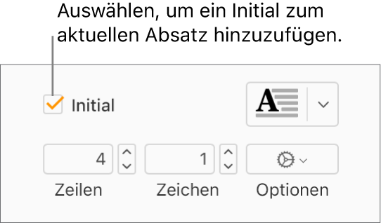 Das Feld „Initial“ ist markiert und rechts davon wird ein Einblendmenü angezeigt; Steuerelemente zur Einstellung der Zeilenhöhe, der Anzahl der Zeichen und weitere Optionen erscheinen darunter.