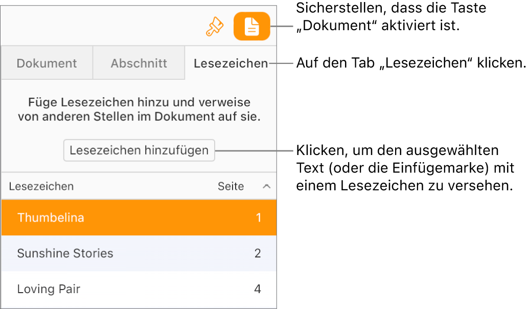 Der Tab „Lesezeichen“ ist in der Seitenleiste „Dokument“ ausgewählt. Die Taste „Lesezeichen hinzufügen“ wird über einer Liste von Lesezeichen angezeigt, die dem Dokument bereits hinzugefügt wurden.