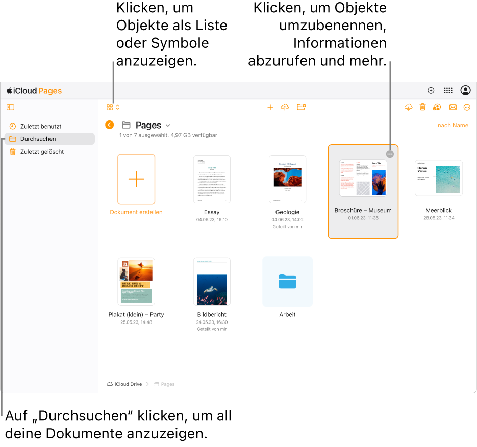 Der Dokumentenmanager in der Darstellung zum Durchsuchen zeigt Pages-Dokumente als Symbole auf einem Raster an. Die Taste „Mehr“ (drei Punkte) ist in der unteren rechten Ecke des ausgewählten Dokuments sichtbar. Über den Dokumenten wird auf der linken Seite der Symbolleiste ein Einblendmenü angezeigt, mit dem du festlegen kannst, ob Objekte als Symbole oder in einer Liste angezeigt werden sollen. Auf der rechten Seite der Symbolleiste befinden sich Tasten zum Herunterladen, Zusammenarbeiten, Mailen oder Löschen.