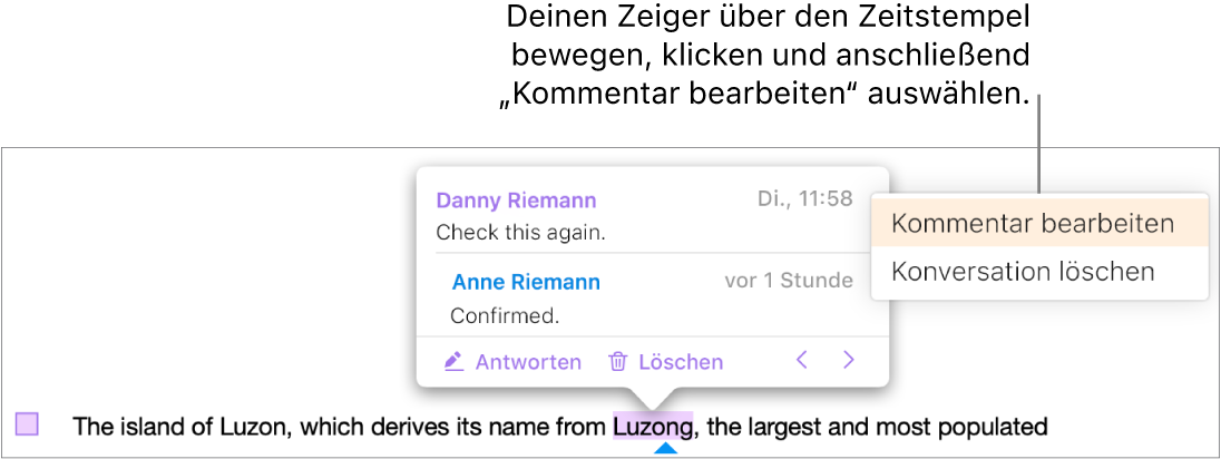 Ein Kommentar ist geöffnet. Der Zeiger steht oben auf dem Zeitstempel und das Einblendmenü zeigt zwei Option an: „Kommentar bearbeiten“ und „Konversation löschen“.