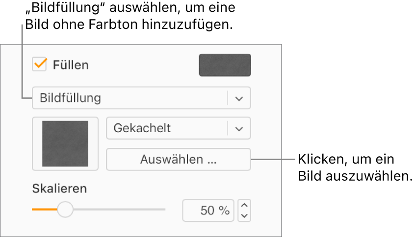 Das Markierungsfeld „Füllen“ ist aktiviert und „Bild“ ist im Einblendmenü unterhalb des Markierungsfelds ausgewählt. Steuerelemente zur Auswahl des Bildes, dazu, wie das Objekt gefüllt wird, sowie zum Skalieren des Bildes erscheinen unterhalb des Einblendmenüs. Eine Vorschau der Bildfüllung ist in dem Quadrat zu sehen (nachdem ein Bild ausgewählt wurde).