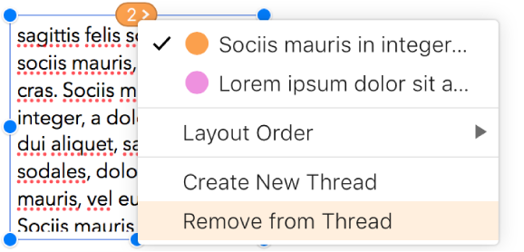 The second text box in a thread is selected, and a pop-up menu next to the circle at the top of the text box is open. In the pop-up menu, the Remove from Thread menu item is selected.