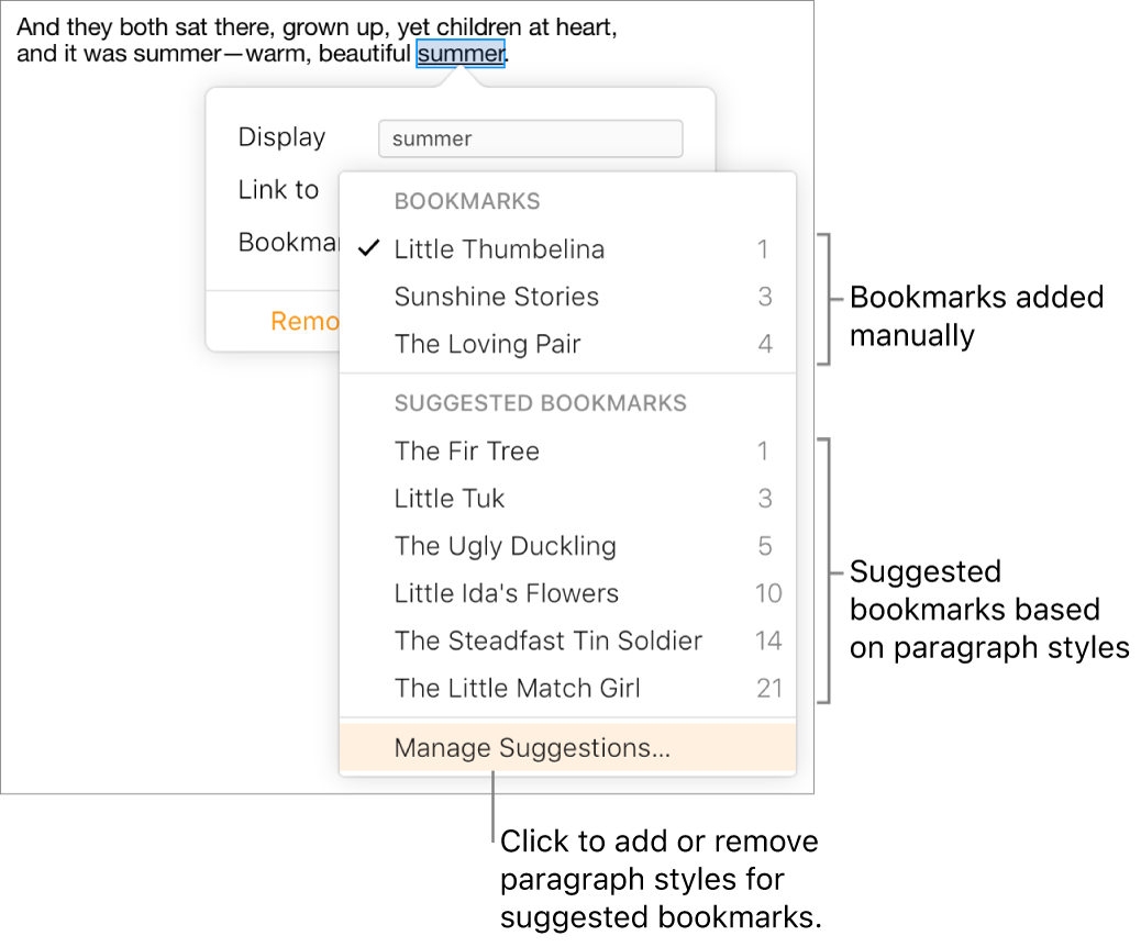 The bookmarks list with manually added bookmarks at the top and suggested bookmarks below. Manage Suggestions is selected at the bottom of the pop-up menu.