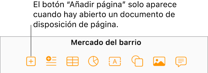 El centro de la barra de herramientas de un documento de diseño de página, con el botón Añadir página a la izquierda del botón Insertar.