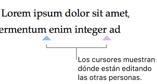 Los cursores de distintos colores que muestran dónde están editando otras personas en un documento compartido.