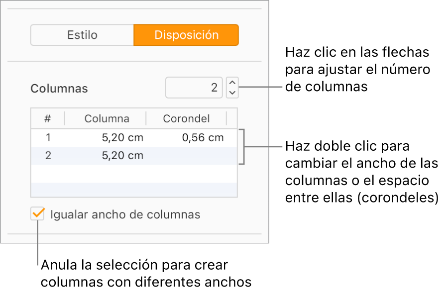 Controles de columna de texto en la sección Disposición de la barra lateral Formato.