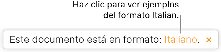 Mensaje que dice “Este documento utiliza el formato italiano”.