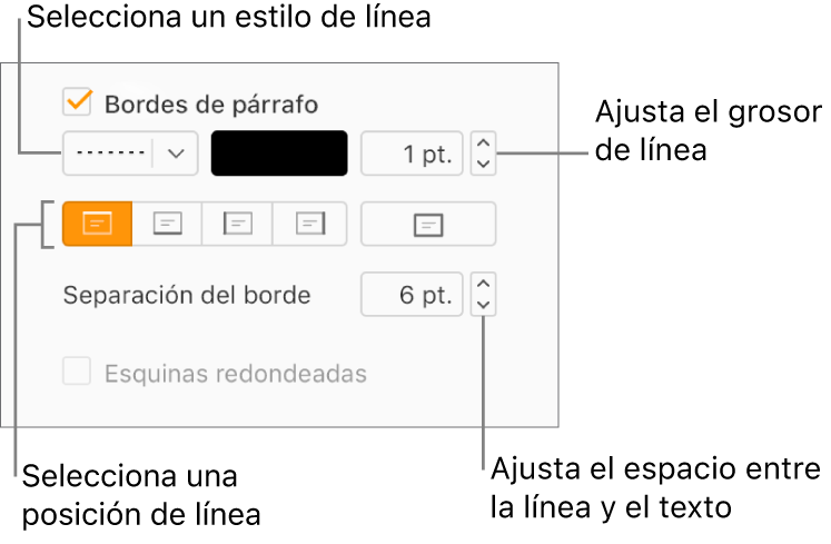 La casilla de verificación “Bordes de párrafo” está seleccionada en la pestaña Formato y, debajo de la casilla de verificación, aparecen controles para cambiar el estilo, el color, el grosor, la posición y la separación del texto.