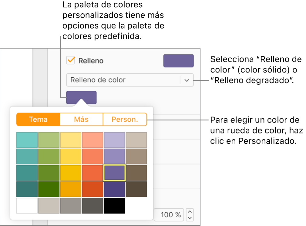 “Relleno de color” está seleccionado en el menú desplegable debajo de la casilla Relleno y la paleta de colores que hay debajo muestra opciones de relleno de color adicionales.