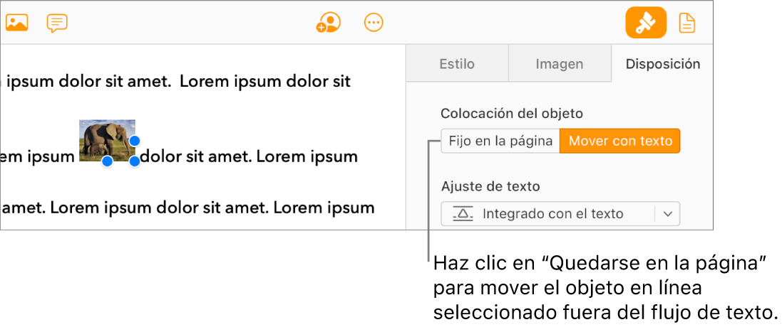 Hay una imagen integrada seleccionada dentro del cuerpo del documento y el botón “Fijo en la pág.” está visible en la pestaña Disposición de la barra lateral.