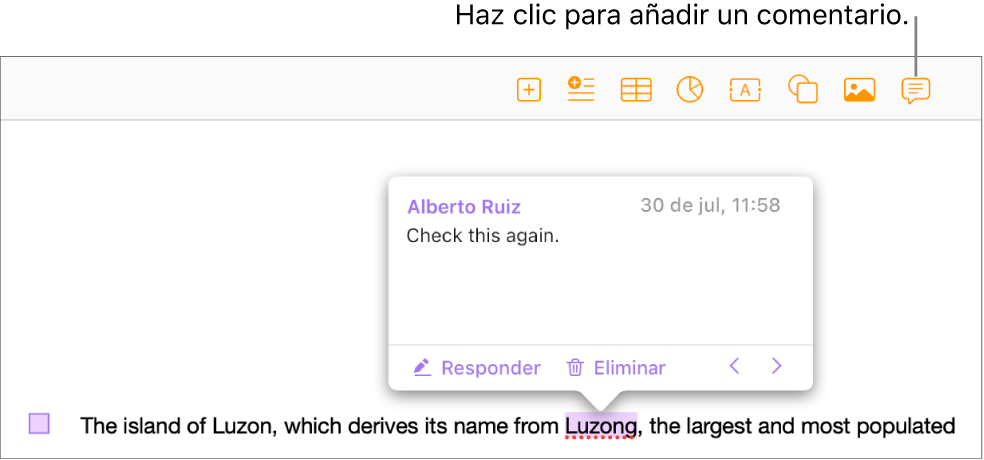 Se ha añadido un comentario al texto de un documento; el texto está destacado y aparece un marcador cuadrado en el margen izquierdo.