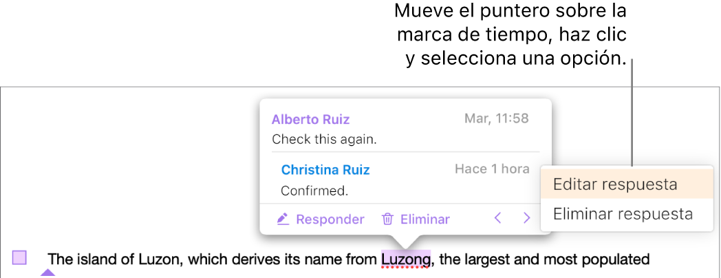 Un comentario con una respuesta, el puntero está sobre la marca de hora para responder. El menú desplegable muestra dos opciones: “Editar respuesta” y “Eliminar respuesta”.