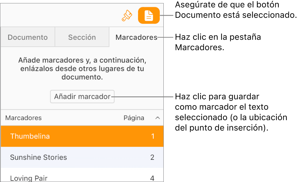 La pestaña Marcadores está seleccionada en la barra lateral Documento. El botón Añadir marcador aparece sobre una lista de marcadores que ya se han añadido al documento.