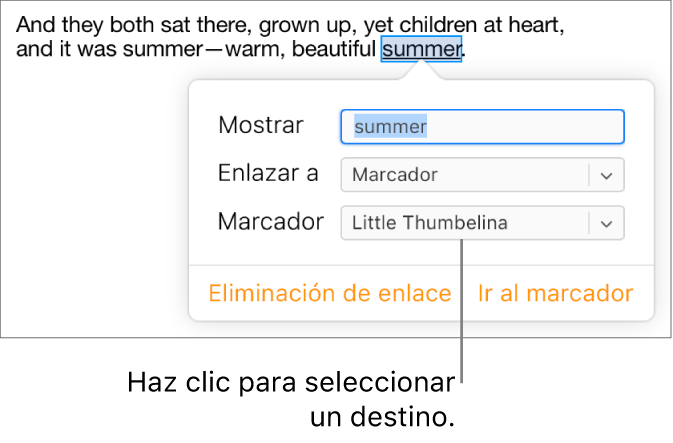 El texto del documento está seleccionado y subrayado, y la ventana de enlace muestra el texto que está enlazado al marcador.