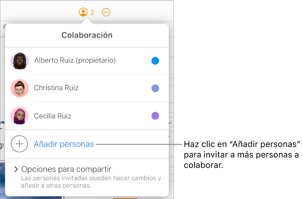 El menú Colaboración abierto con la opción “Añadir personas” debajo de la lista de participantes.