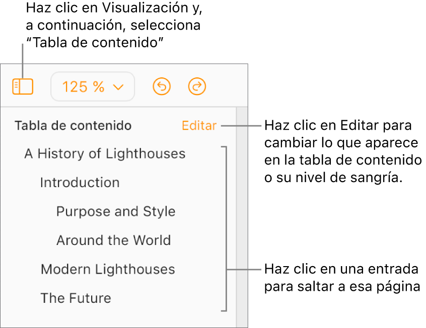 La tabla de contenido está abierta en la barra lateral izquierda con entradas para el título del documento y otros cinco encabezados.