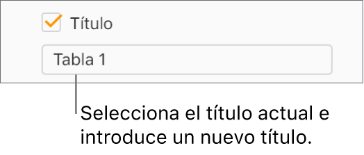 La casilla Título de la barra lateral Formato está seleccionada. Un campo de texto, debajo de la casilla, muestra el título de tabla de marcador de posición: “Tabla 1”.