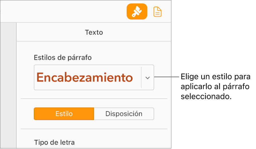 Menú desplegable “Estilos de párrafo” en la barra lateral Formato. Está seleccionado el estilo de párrafo Cabecera con fuente roja en negrita.