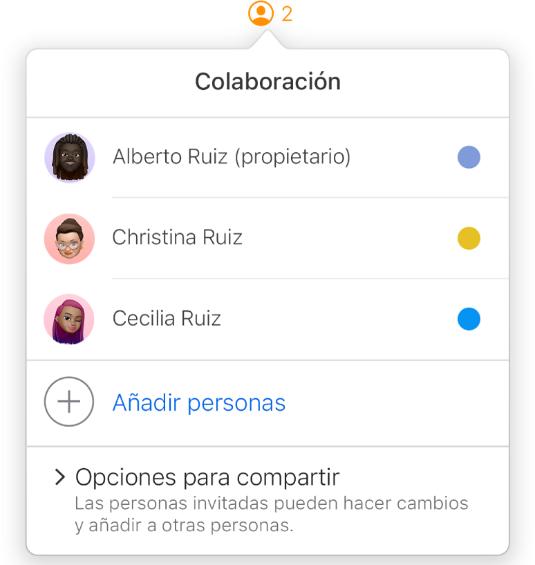 El menú Colaboración con los nombres de las personas que colaboran en el documento. Las opciones para compartir se encuentran debajo de los nombres.