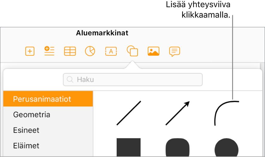 Kuviokirjasto on auki, vasemmalla on valittuna Peruskuviot-kategoria ja oikealla näkyy useita viivoja ja kuvioita, esimerkiksi kaareva viiva.
