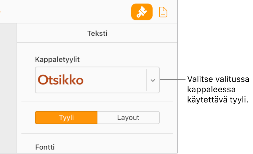 Kuvassa on Muoto-sivupalkin Kappaletyylit-ponnahdusvalikko. Valittuna on Otsikko-kappaletyyli, jolla on punainen lihavoitu fontti.