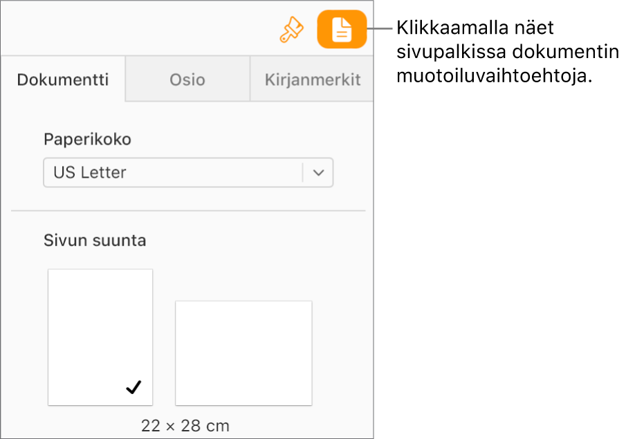 Työkalupalkin Dokumentti-painike on valittuna ja toiminnot paperin koon ja suunnan muokkaamiseksi näytetään sivupalkin Dokumentti-välilehdessä.