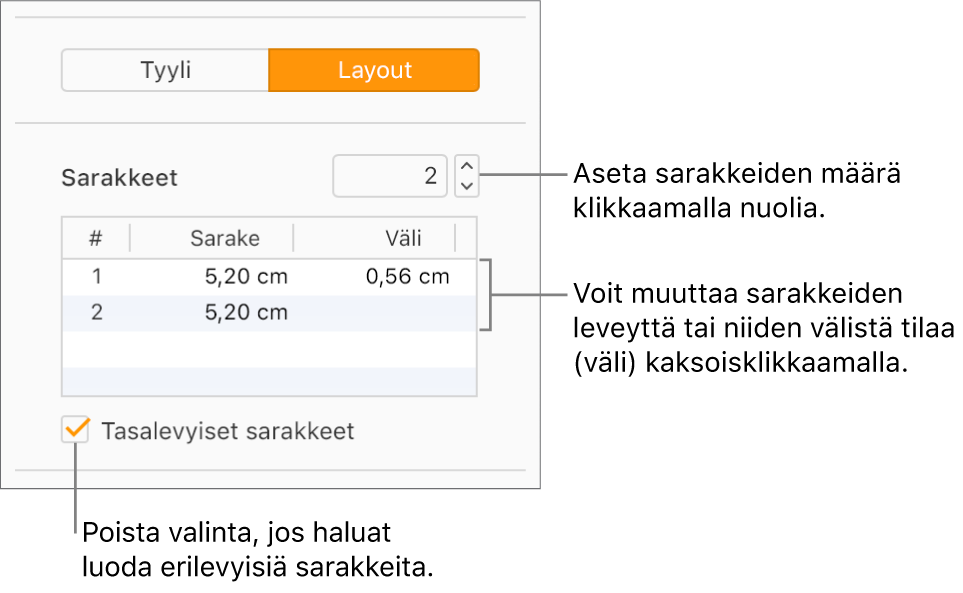 Kuvassa näkyvät Muoto-sivupalkin Asettelu-osion tekstisaraketoiminnot.