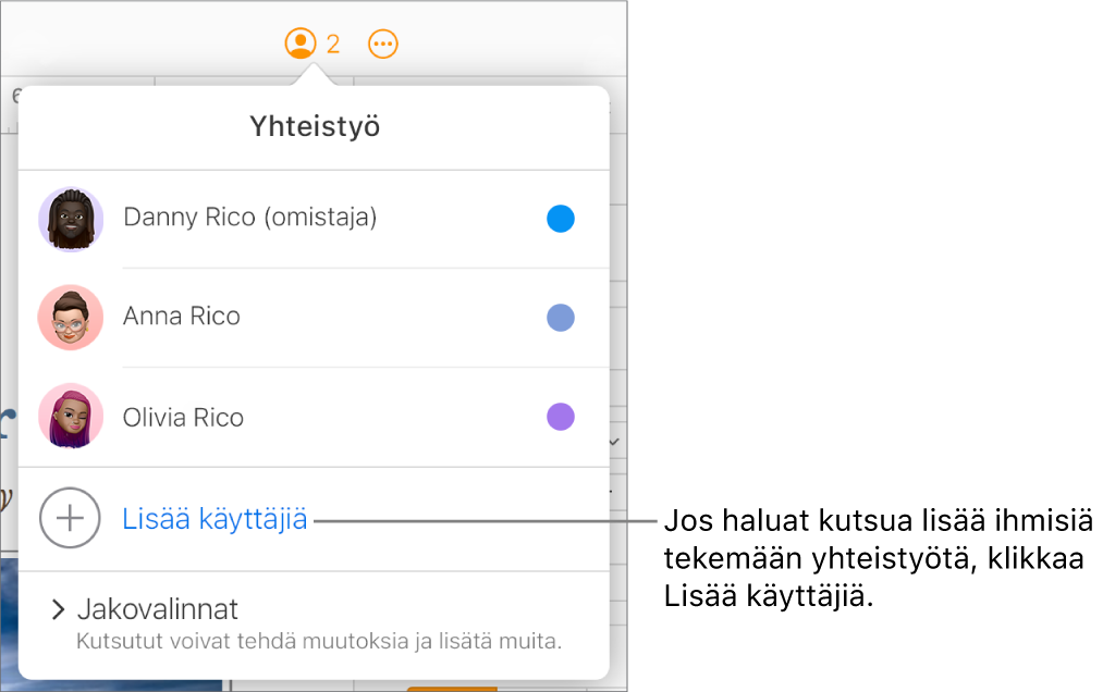 Yhteistyövalikko avoinna, osallistujaluettelon alla on Lisää henkilöitä -valinta.